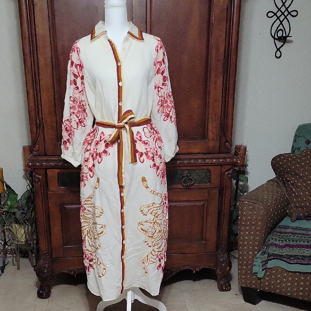 Las Surenas Wome's S Floral Tiger Striped Belted Buttoned Dress With Pockets